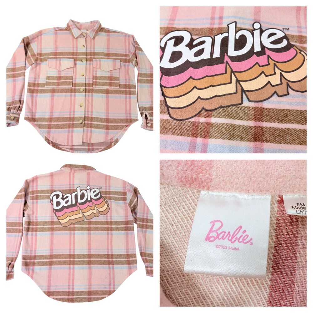 Barbiecore Shacket Pink Plaid Retro‎ Logo Oversized Flannel Barbie Small - Picture 3 of 11
